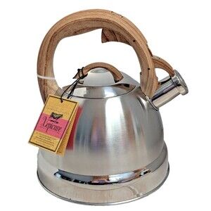Lepicure Whistling Tea Kettle Silver Stainless Steel Wood Pattern Handle Gift